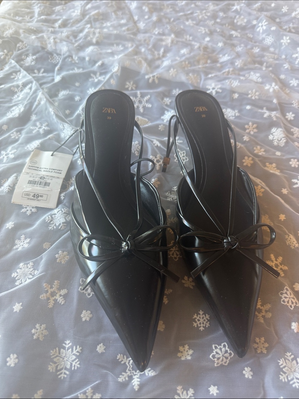 NWT Zara Black Pointed Toe Bow Slingback Heels Size 39 EU / 8 US